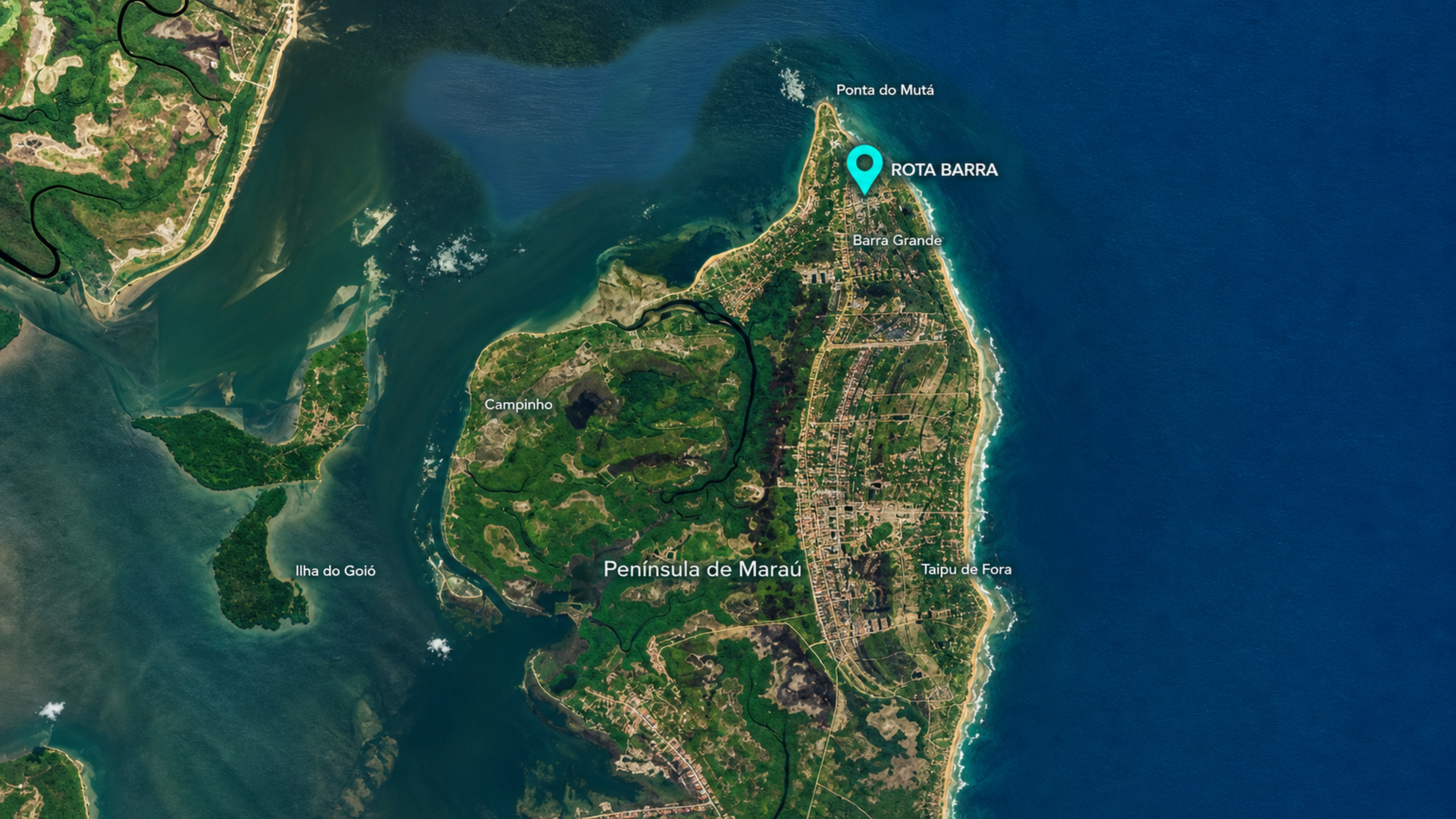 Mapa aéreo da Península de Maraú com a localização da Rota Barra
